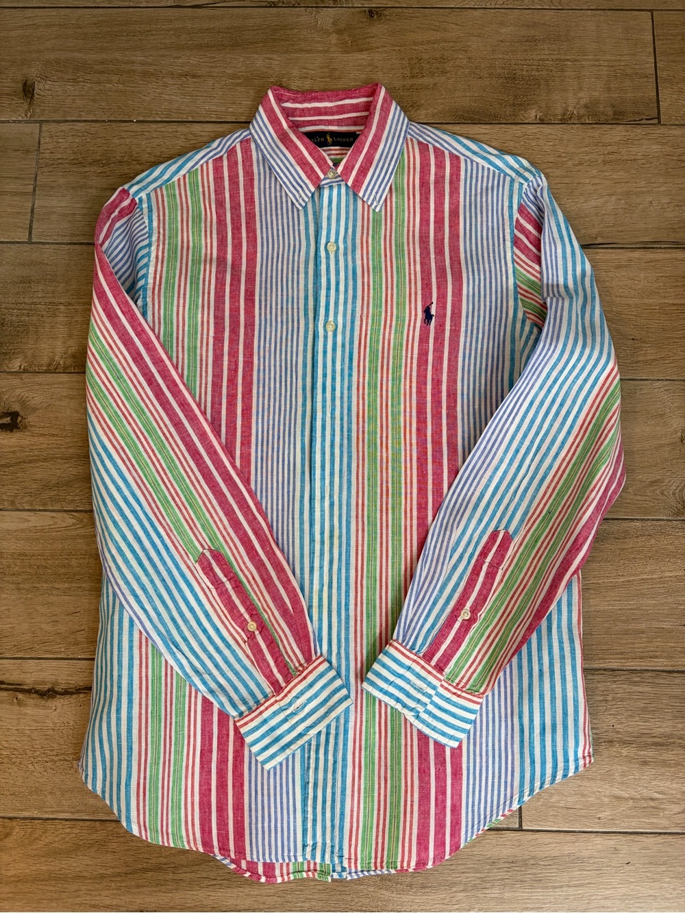 Ralph Lauren Striped Linen Button-Down Shirt in Red, Blue, Green